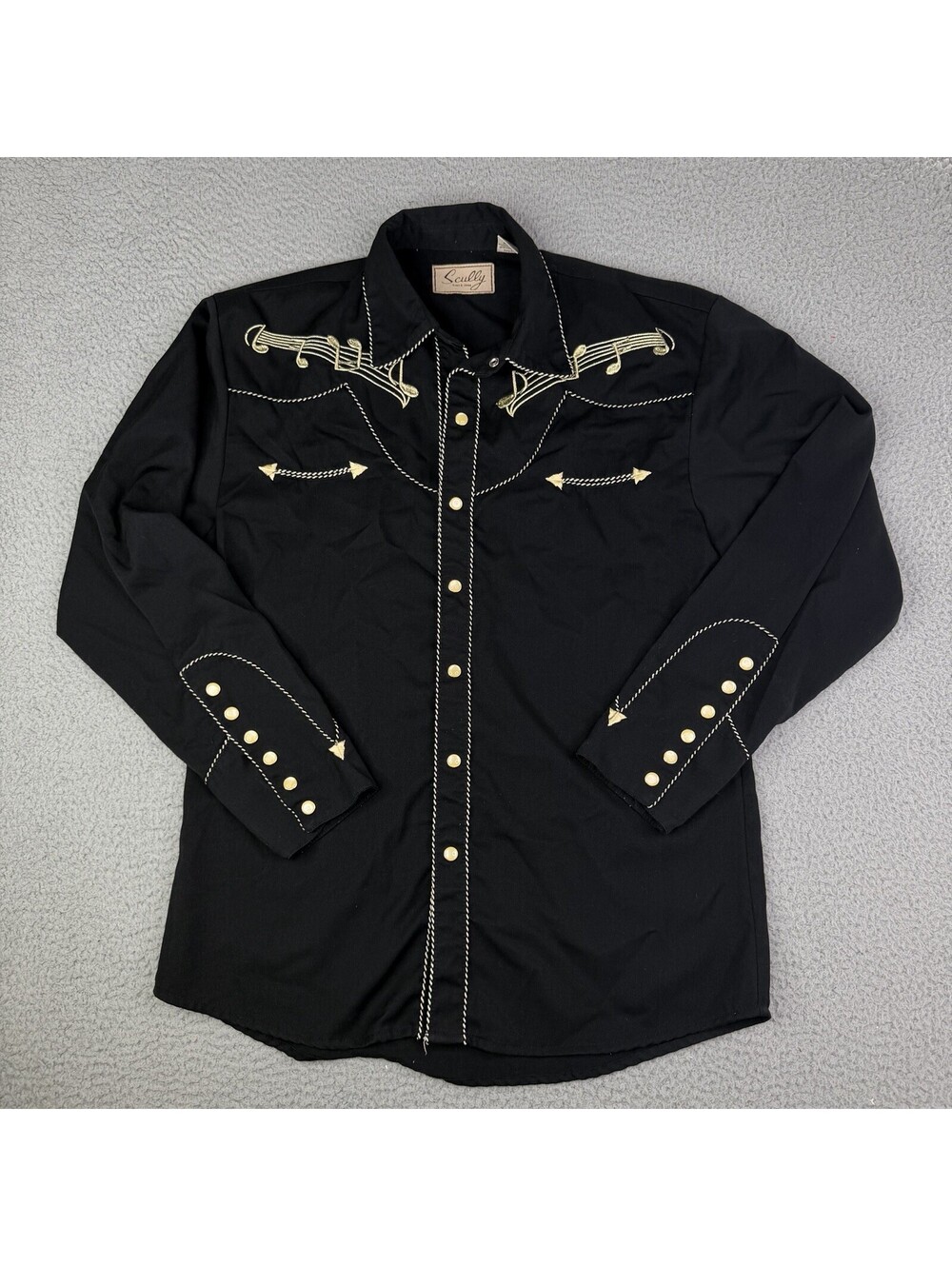 Scully Western Shirt Mens Size Small Black Pearl Snap Embroidered Musical Notes